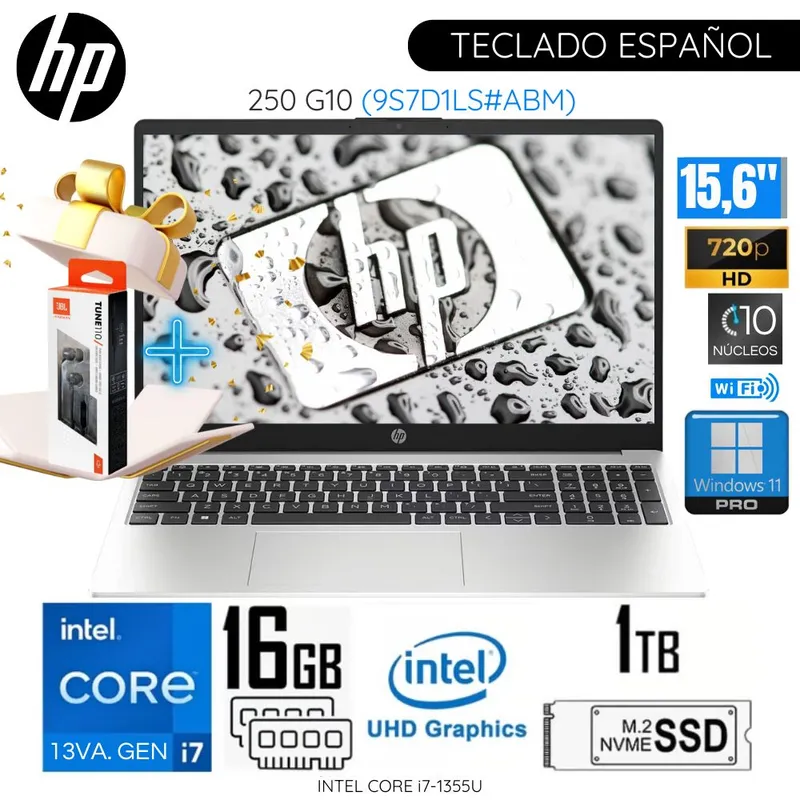 HP - Laptop HP 250 G10 Intel Core i7-1355U 16GB RAM 1TB SSD 15.6"  HD  9S7D1LS + Audifonos