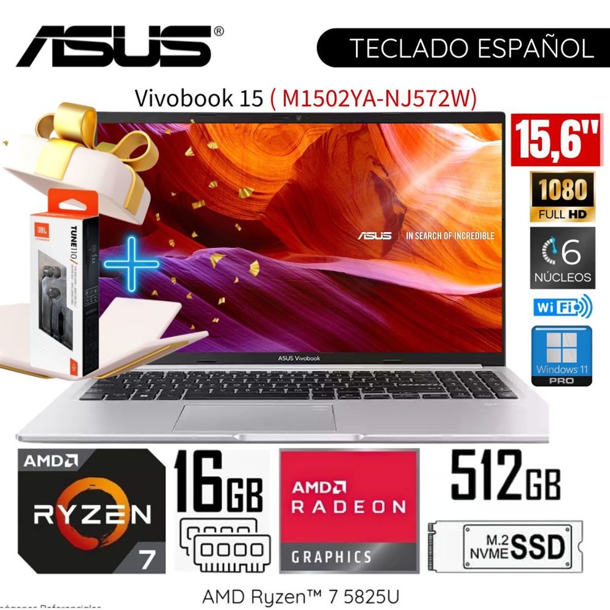 ASUS - Laptop Asus Vivobook 15 M1502YA-NJ572W AMD Ryzen 7-5825U 16GB RAM 512GB SSD 15.6"  FHD + Audífono