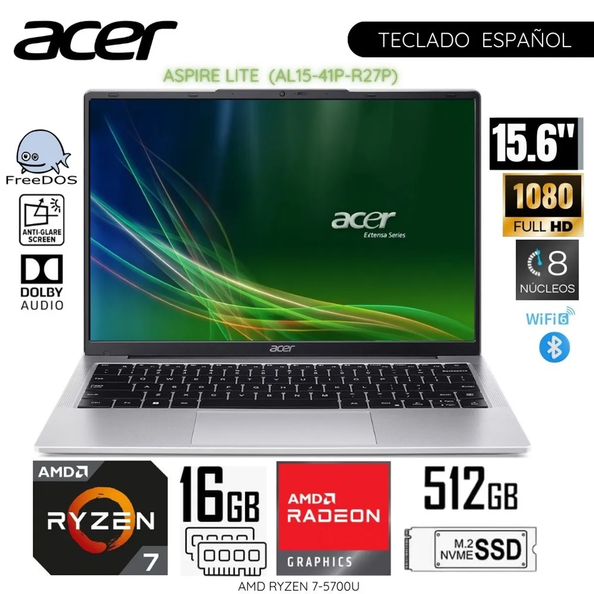 ACER - Laptop Acer  AL14-41P-R27P AMD Ryzen7-5700U 16GB RAM 512GB SSD 15.6" - Light Silver