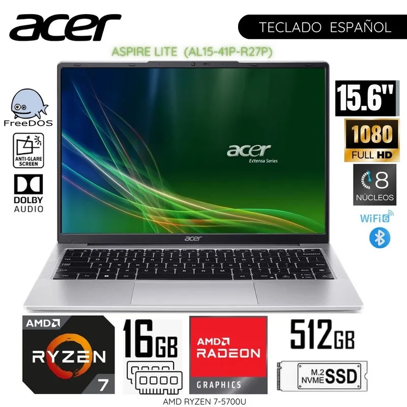 ACER - Laptop Acer  AL14-41P-R27P AMD Ryzen7-5700U 16GB RAM 512GB SSD 15.6" - Light Silver