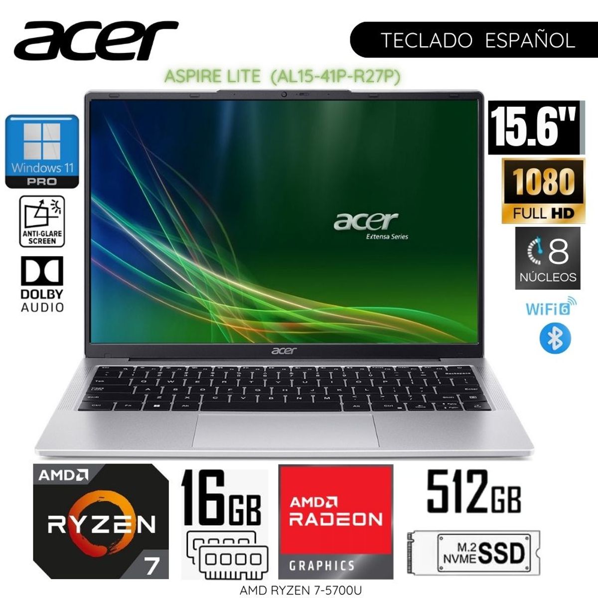 ACER - Laptop Acer  AL14-41P-R27P AMD Ryzen7-5700U 16GB RAM 512GB SSD 15.6" - Light Silver