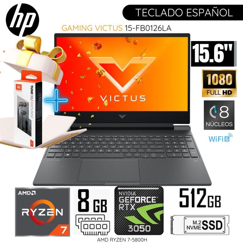 HP - Laptop HP Victus Gaming 15-FB0126LA AMD Ryzen7-5800H 15.6" 8GB RAM 512GB SSD RTX3050-4GB WINDOWS 11