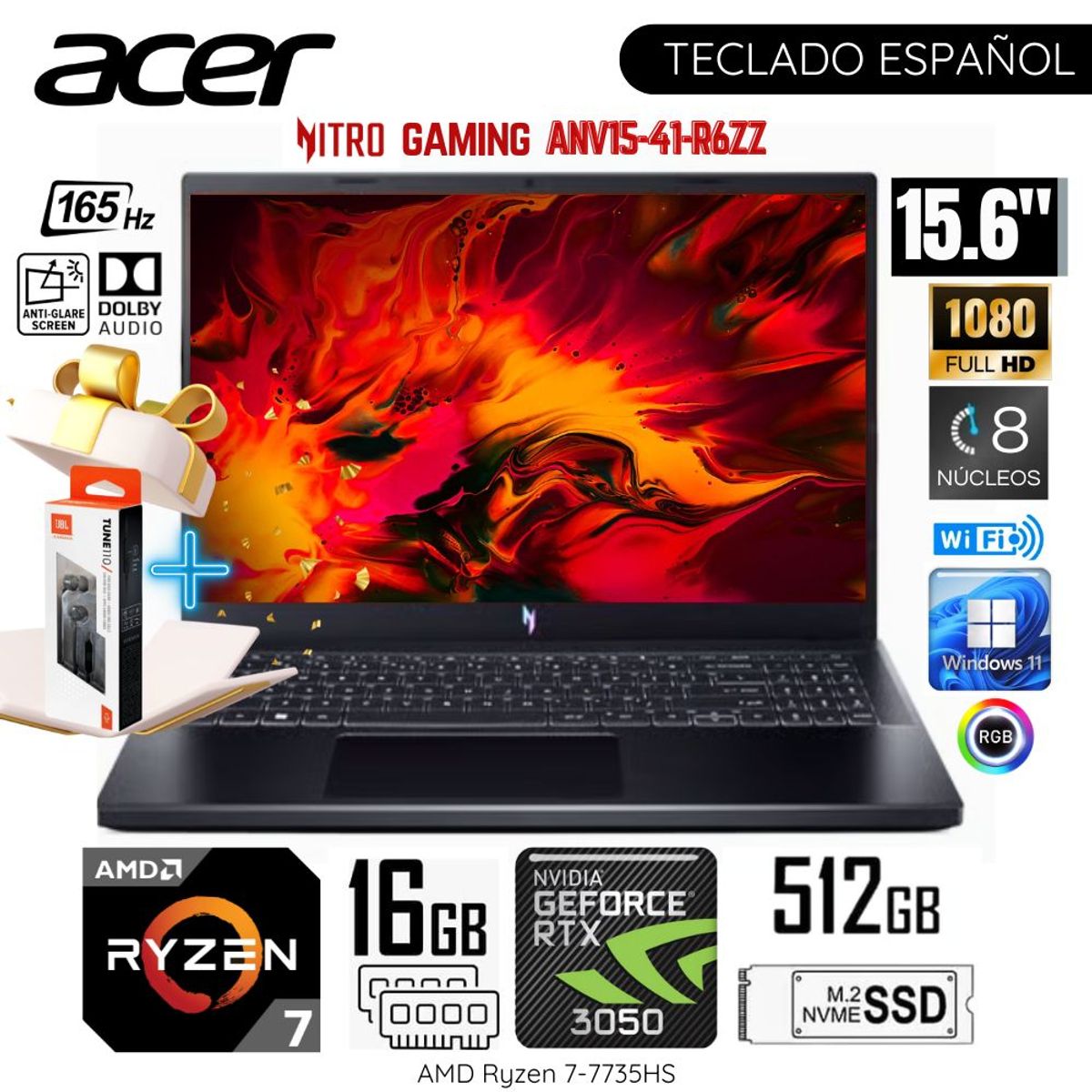 ACER - Laptop Acer Nitro ANV15-41-R6ZZ AMD Ryzen7-7735HS 16GB RAM 512GB SSD 156 FHD RTX3050-6GB - Black