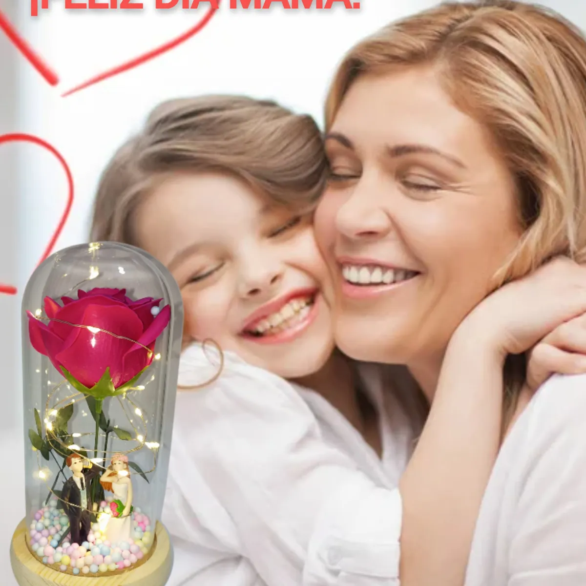 GENERICO - ROSA ETERNA FLOR ARTIFICIAL EN CÚPULA DE CRISTAL LUZ LED