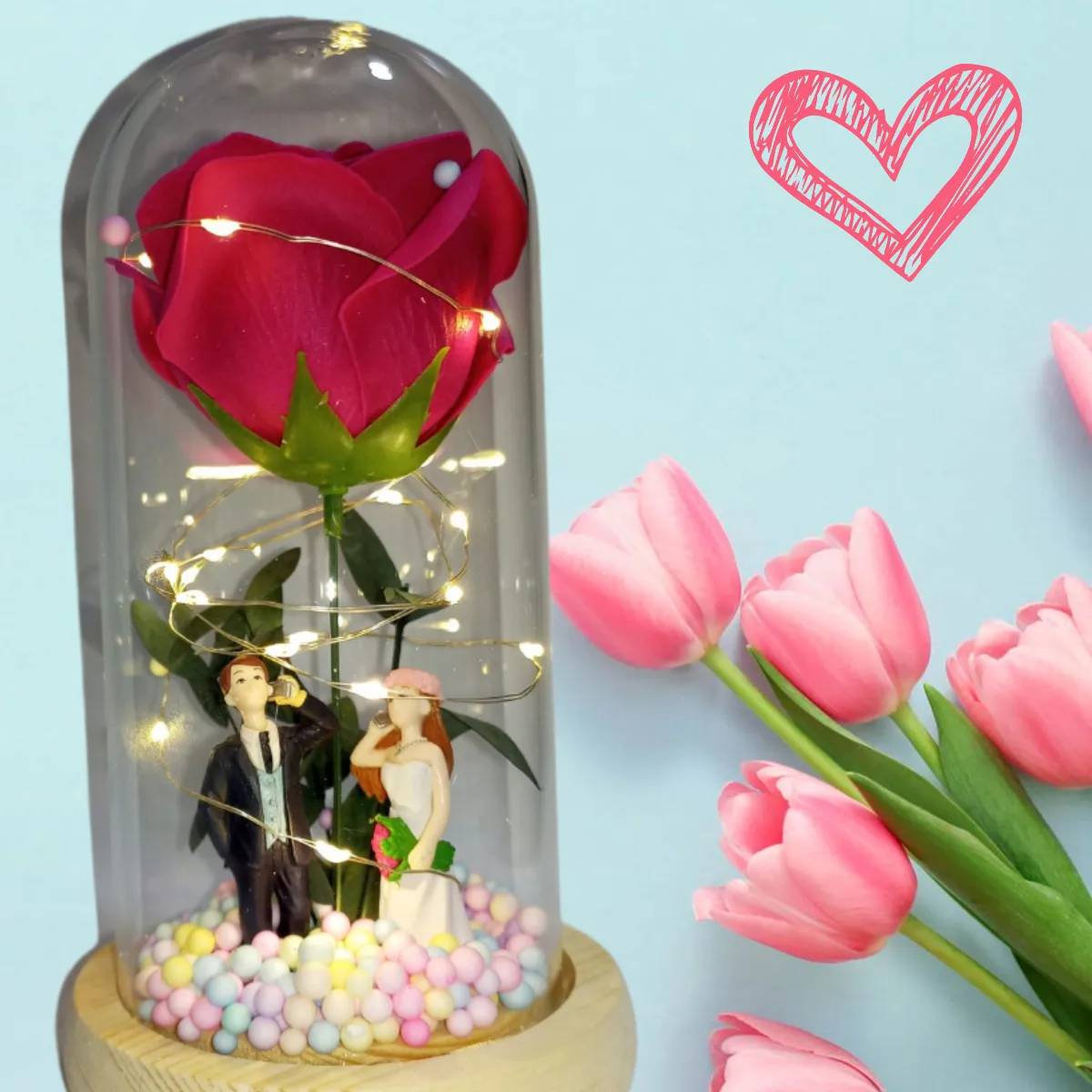 GENERICO - ROSA ETERNA FLOR ARTIFICIAL EN CÚPULA DE CRISTAL LUZ LED