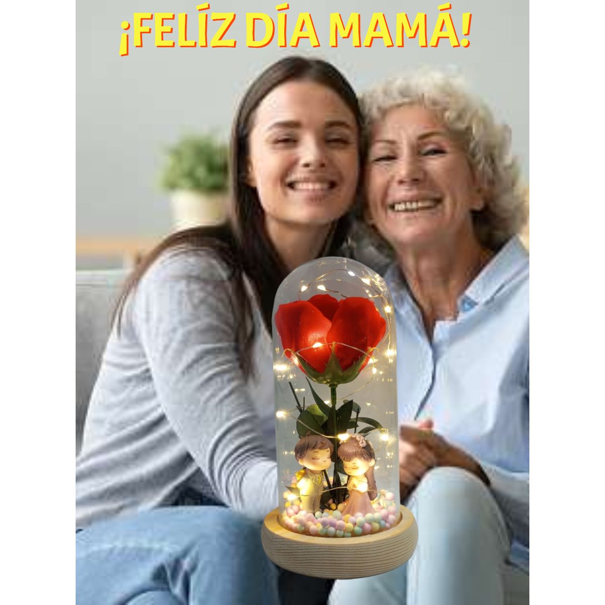 GENERICO - ROSA ETERNA FLOR ARTIFICIAL EN CÚPULA DE CRISTAL LUZ LED