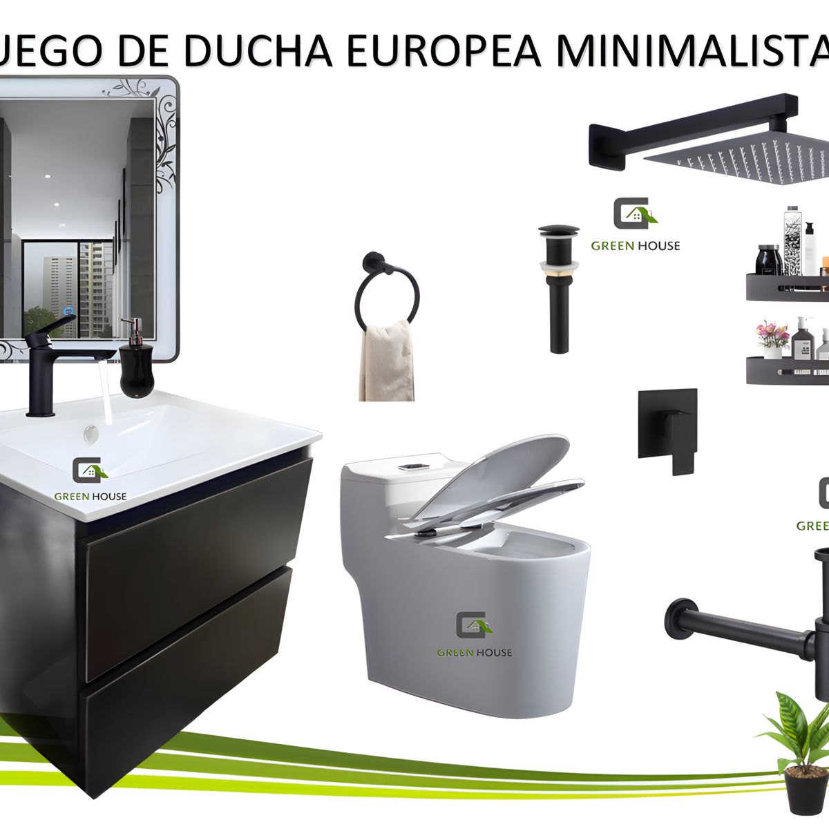 GREEN HOUSE - ELEGANTE COMBO DE BAÑO INODORO + VANITORIO + ESPEJO LED + DUCHA