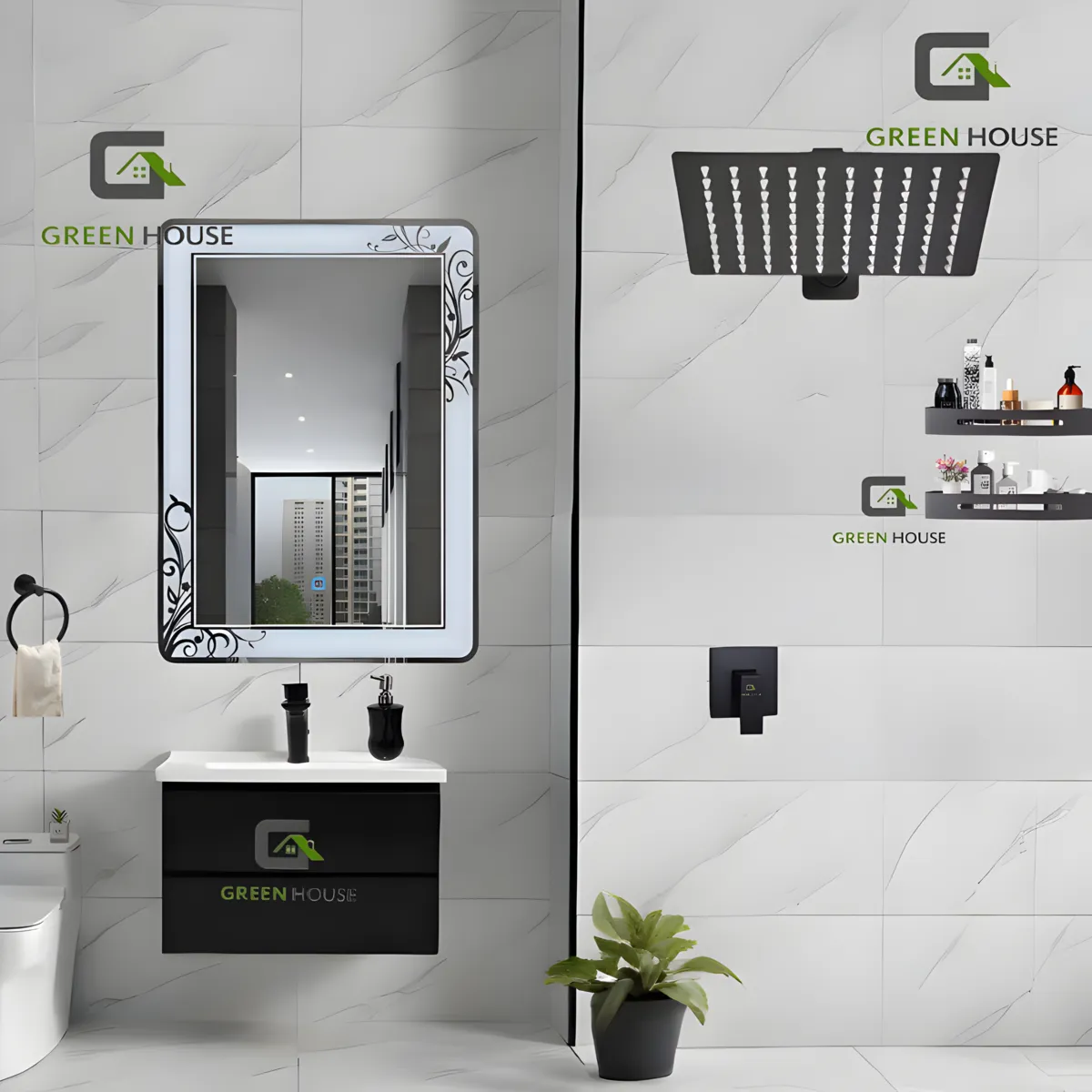 GREEN HOUSE - ELEGANTE COMBO DE BAÑO INODORO + VANITORIO + ESPEJO LED + DUCHA