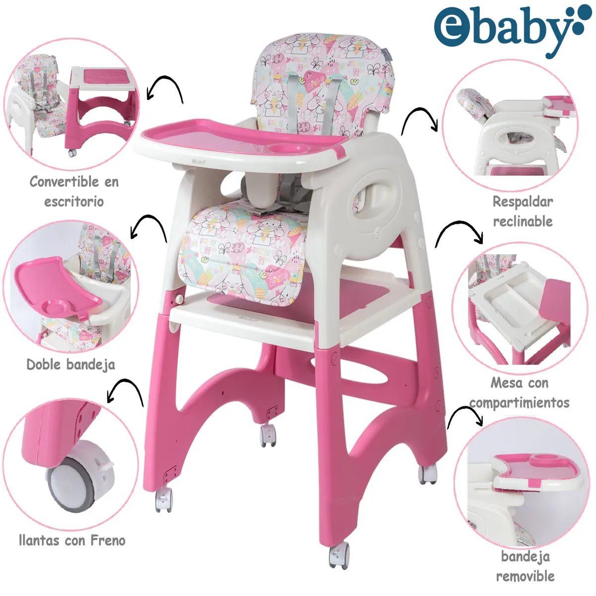 EBABY - Silla Comedor Escritorio LARA – EB645-1 3 en 1 Rosa