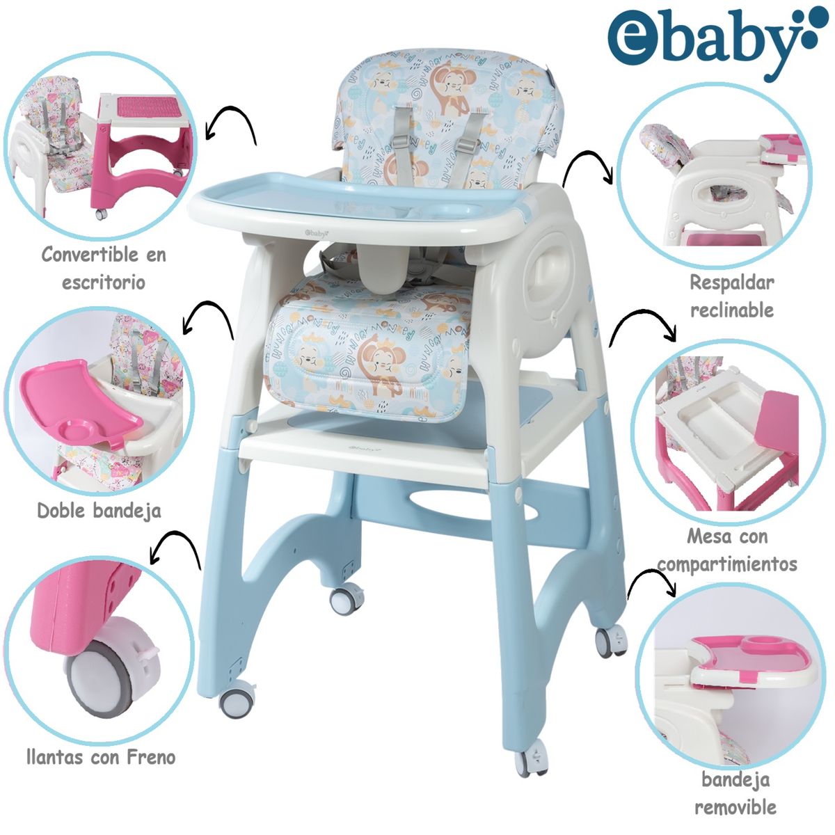 EBABY - Silla Comedor Escritorio LARA – EB645-1 3 en 1 Celeste