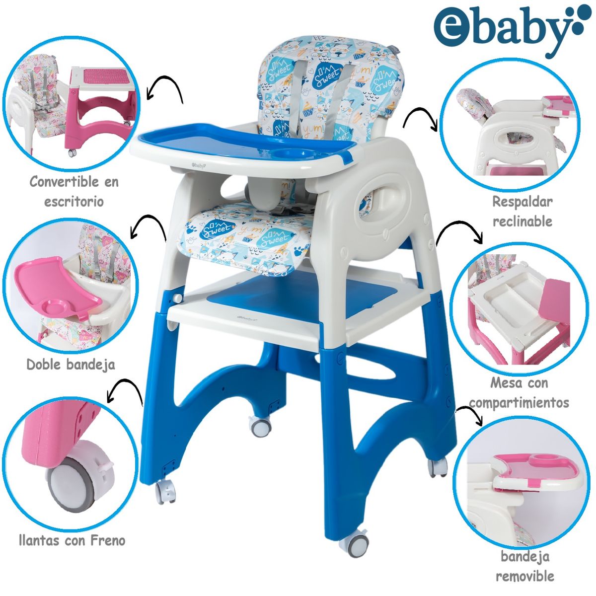 Silla Comedor Escritorio LARA – EB645-1 3 en 1 azul, marca EBABY - Foto Principal