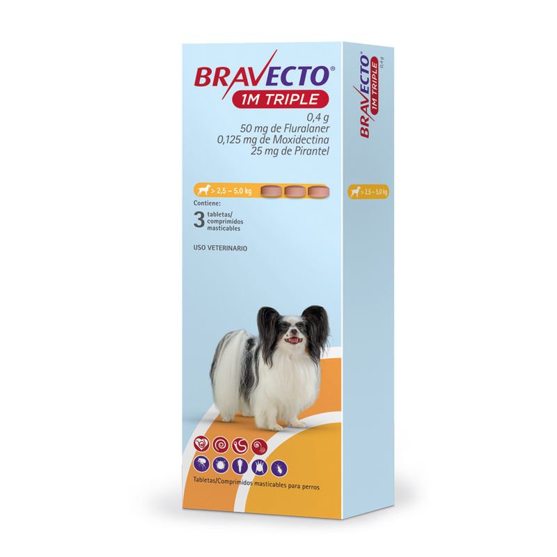 BRAVECTO - Antipulga Bravecto 2.5- 5KG x3 Tab Protección Total 111 Días