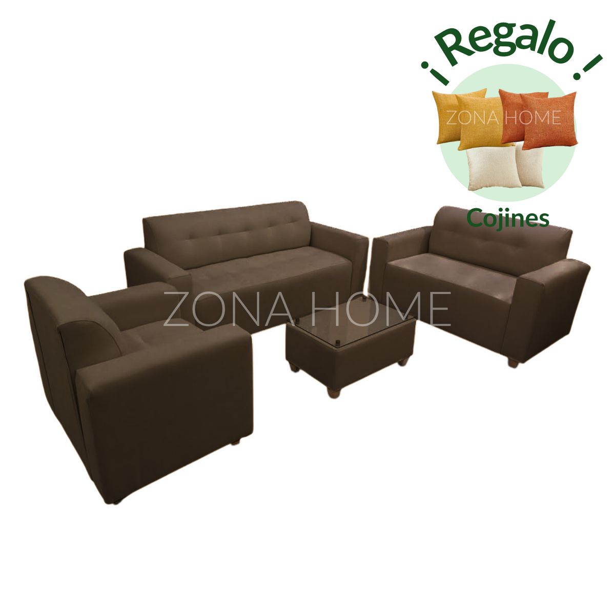 GENERICO - Juego de Sala Prada 3-2-1 - Marrón + Mesa de Centro