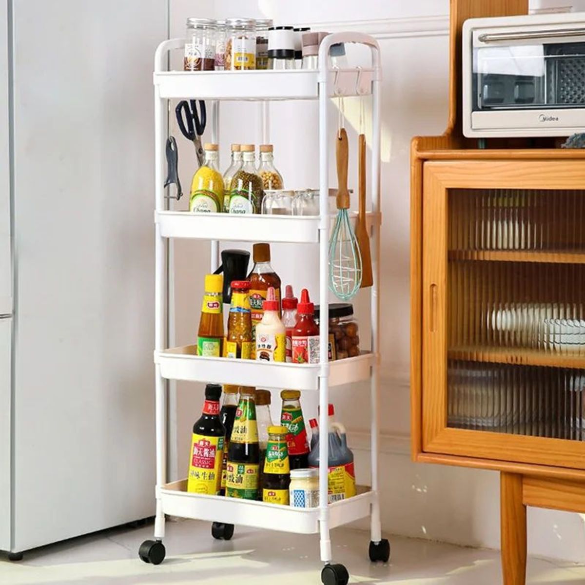 GENERICO - CARRITO ORGANIZADOR MULTIUSO 4 NIVELES CON LLANTAS BLANCO