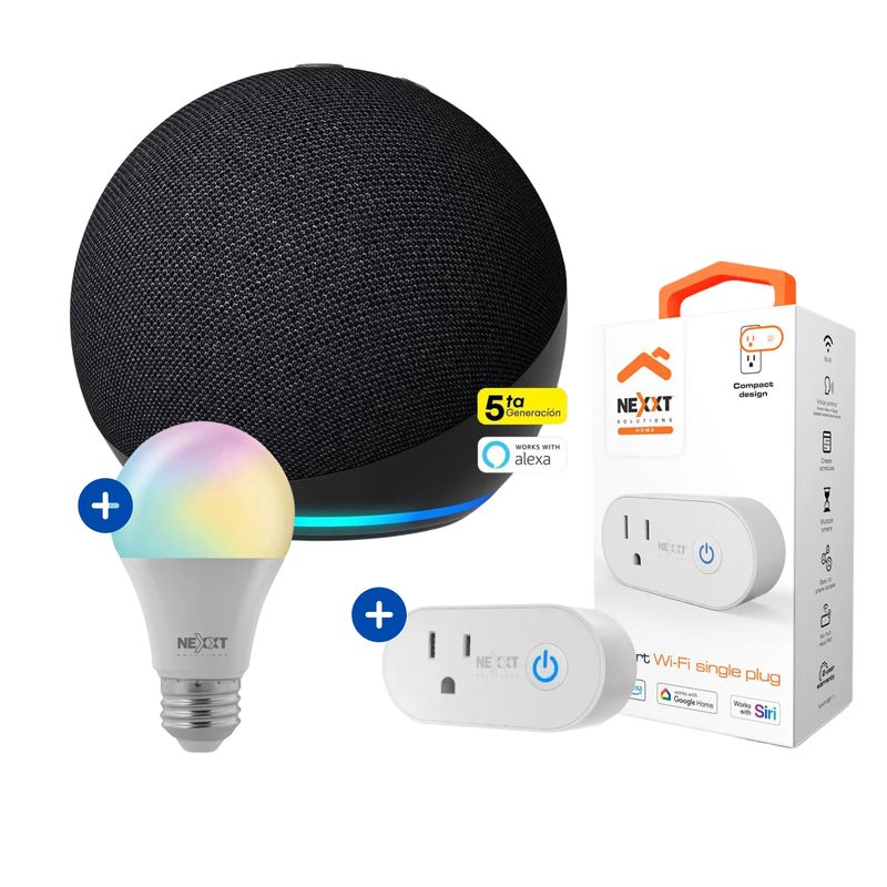 AMAZON - Amazon Echo Dot 5ta Gen Alexa Negro + Pack Nexxt Foco + Enchufe