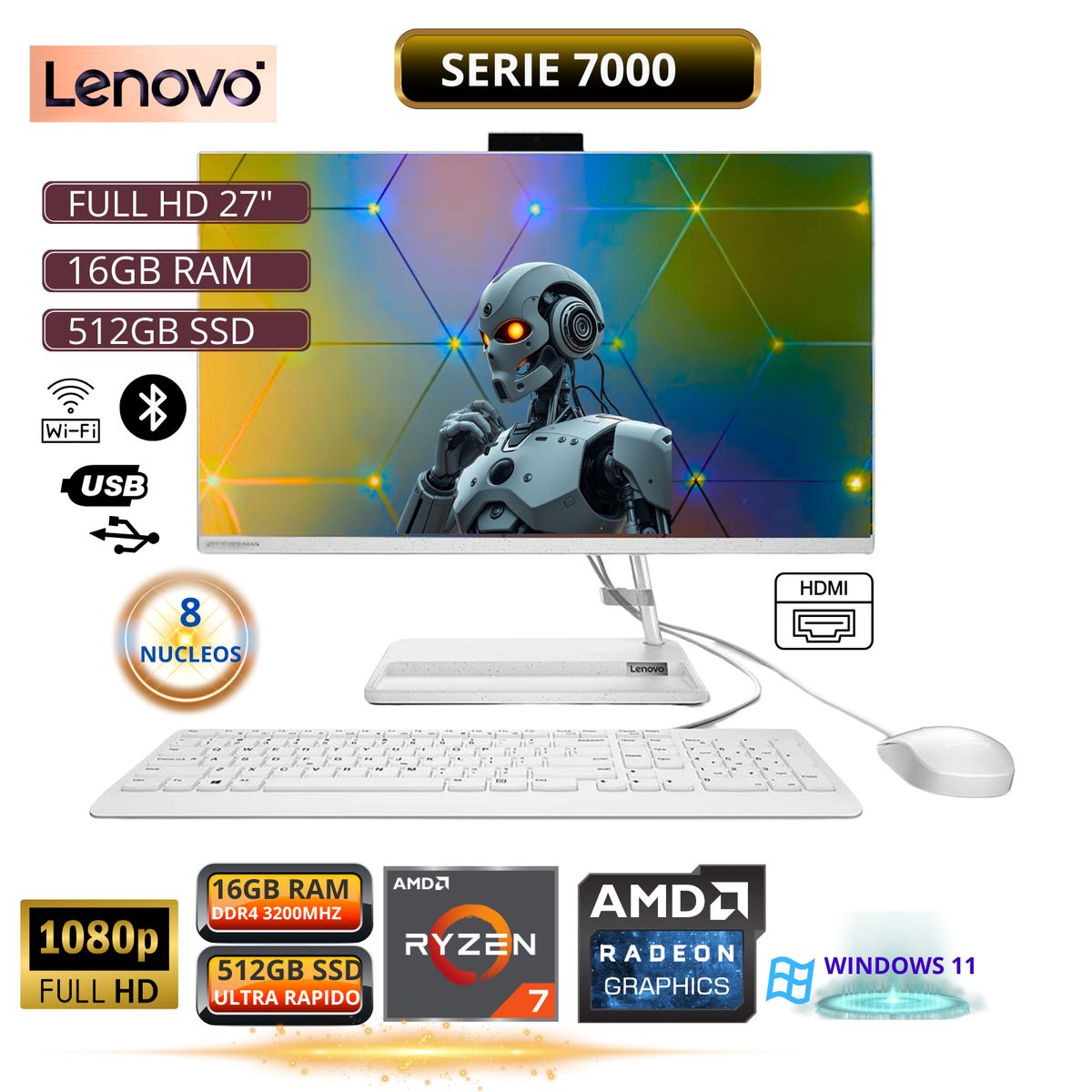LENOVO - All In One Lenovo IdeaCentre AIO 3 27ALC6 Ryzen 7-7730U 16GB RAM, SSD512GB 27″
