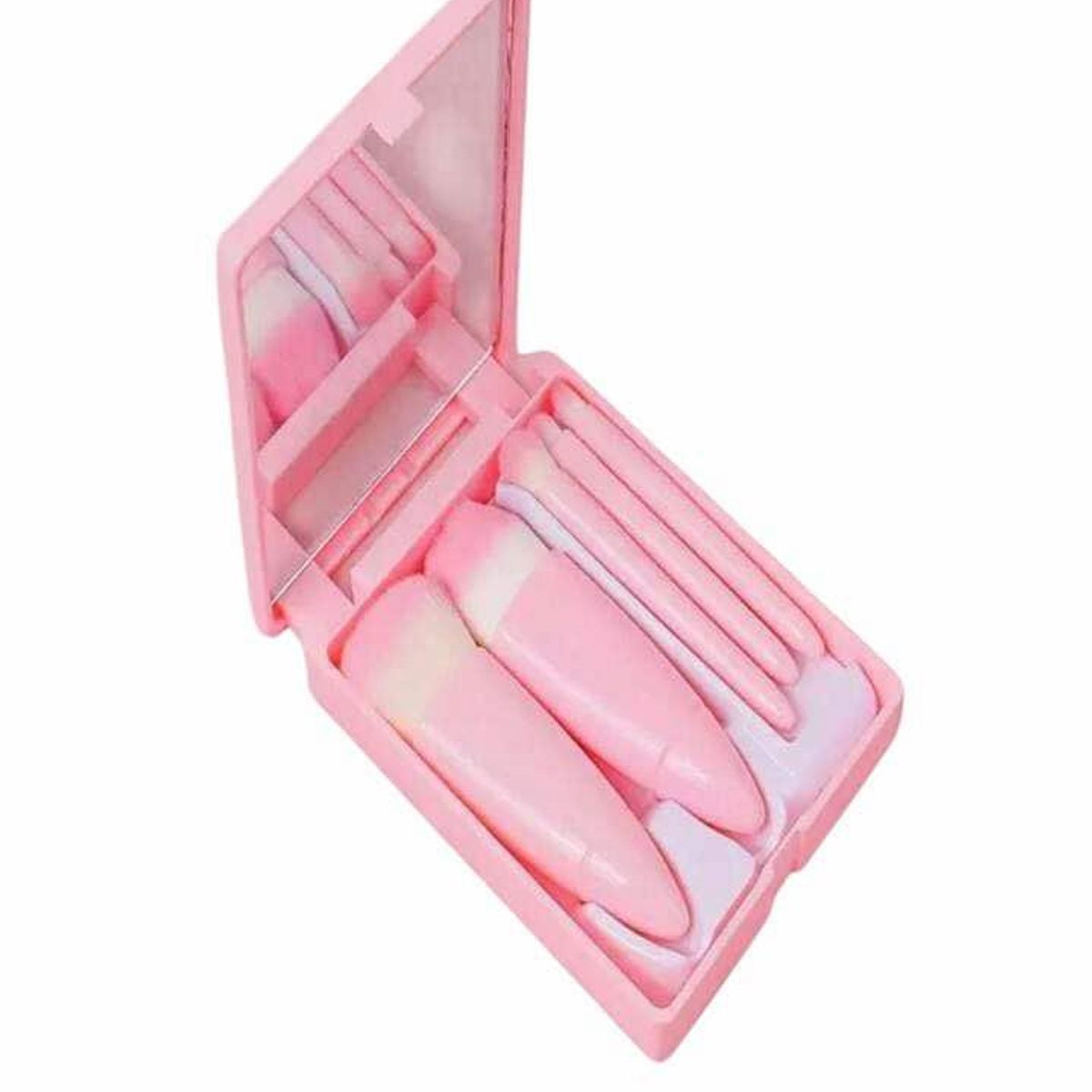GENERICO - Juego de 5 Mini Brochas de Cartera con Estuche y Espejo Rosado