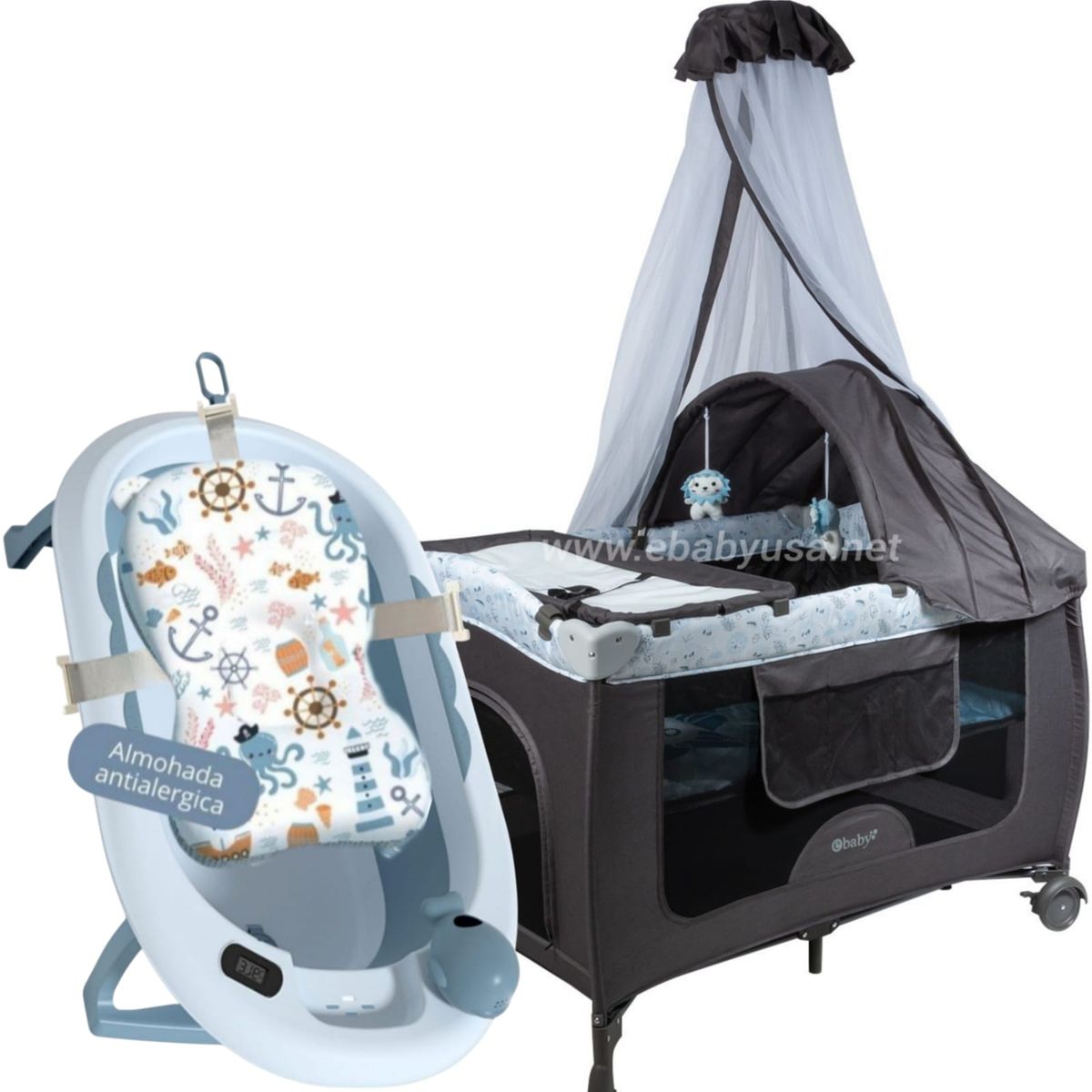 EBABY - Cuna Corral Mecedora Sally + Bañera Plegable para Bebé