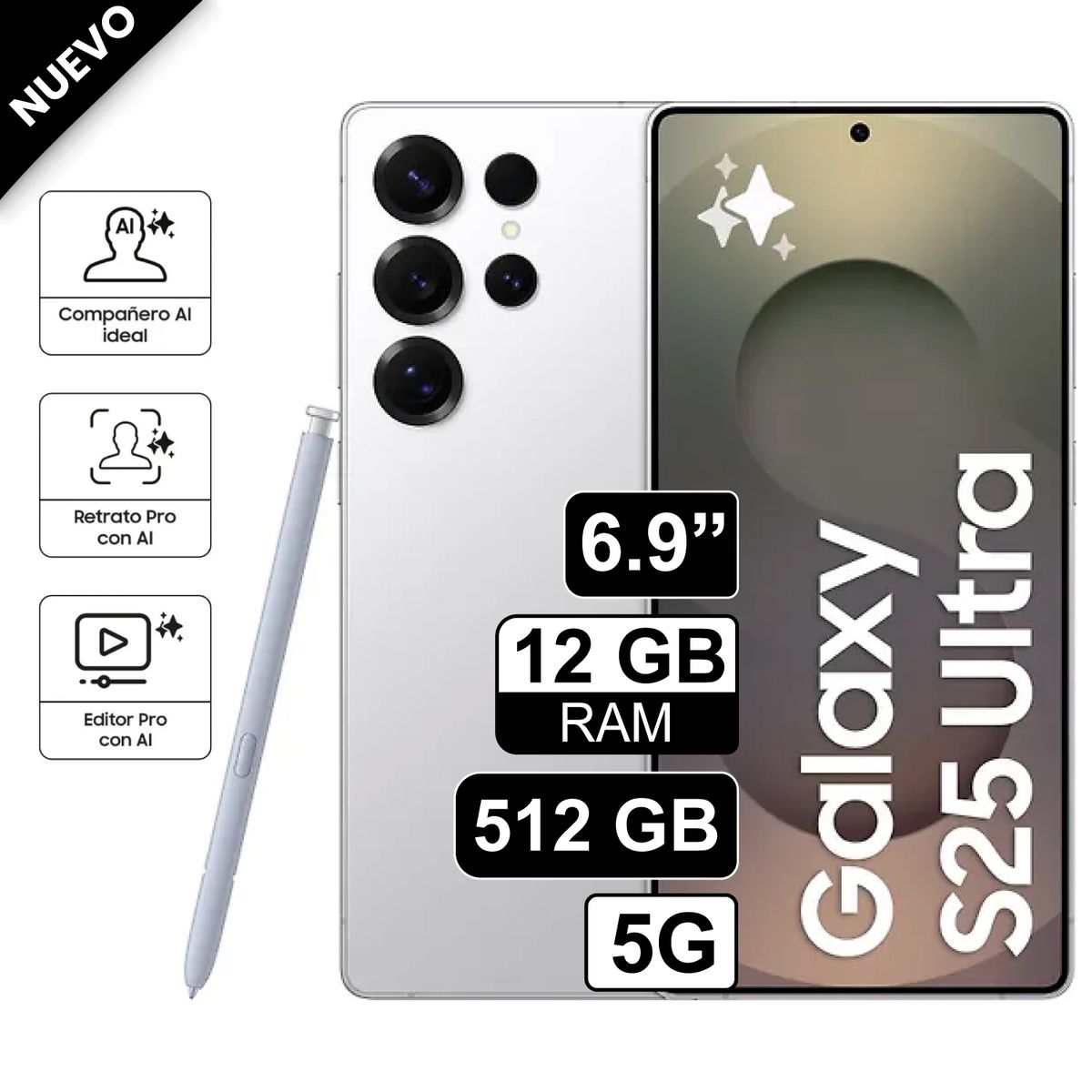 SAMSUNG - Celular Samsung Galaxy S25 Ultra 5G 512GB 12GB RAM cámara 200MP frontal 12MP 69 Pulg Blanco