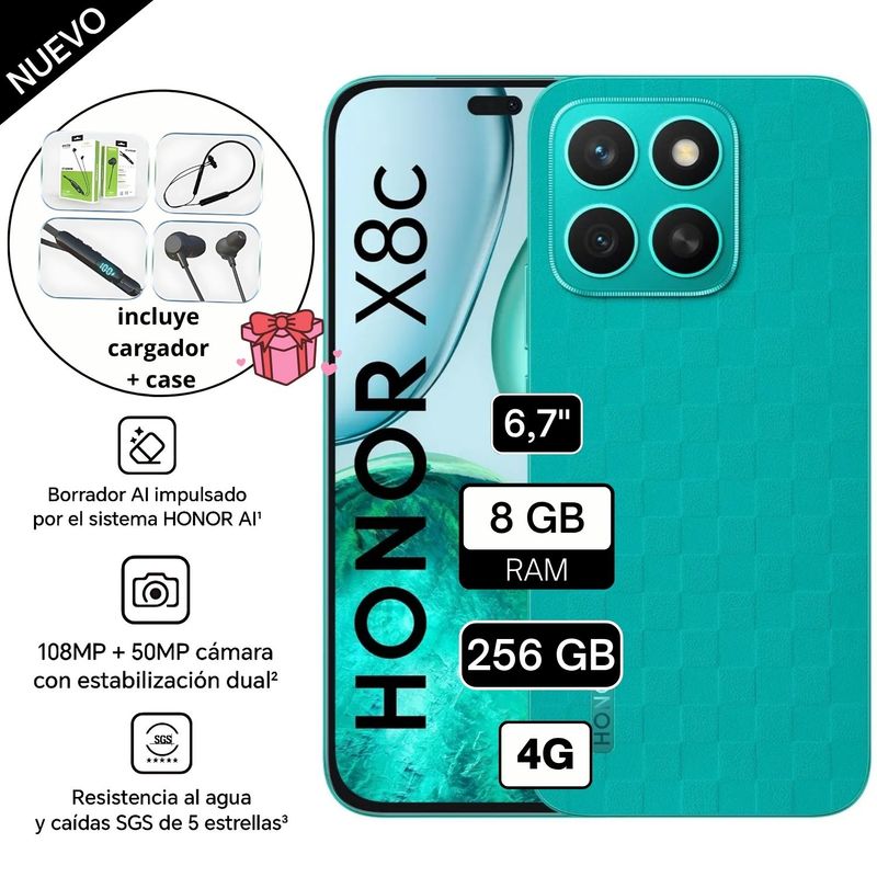 HONOR - Celular Honor X8C 256GB 8GB RAM cámara principal 108MP + 5MP frontal 50MP 65 Pulg Verde