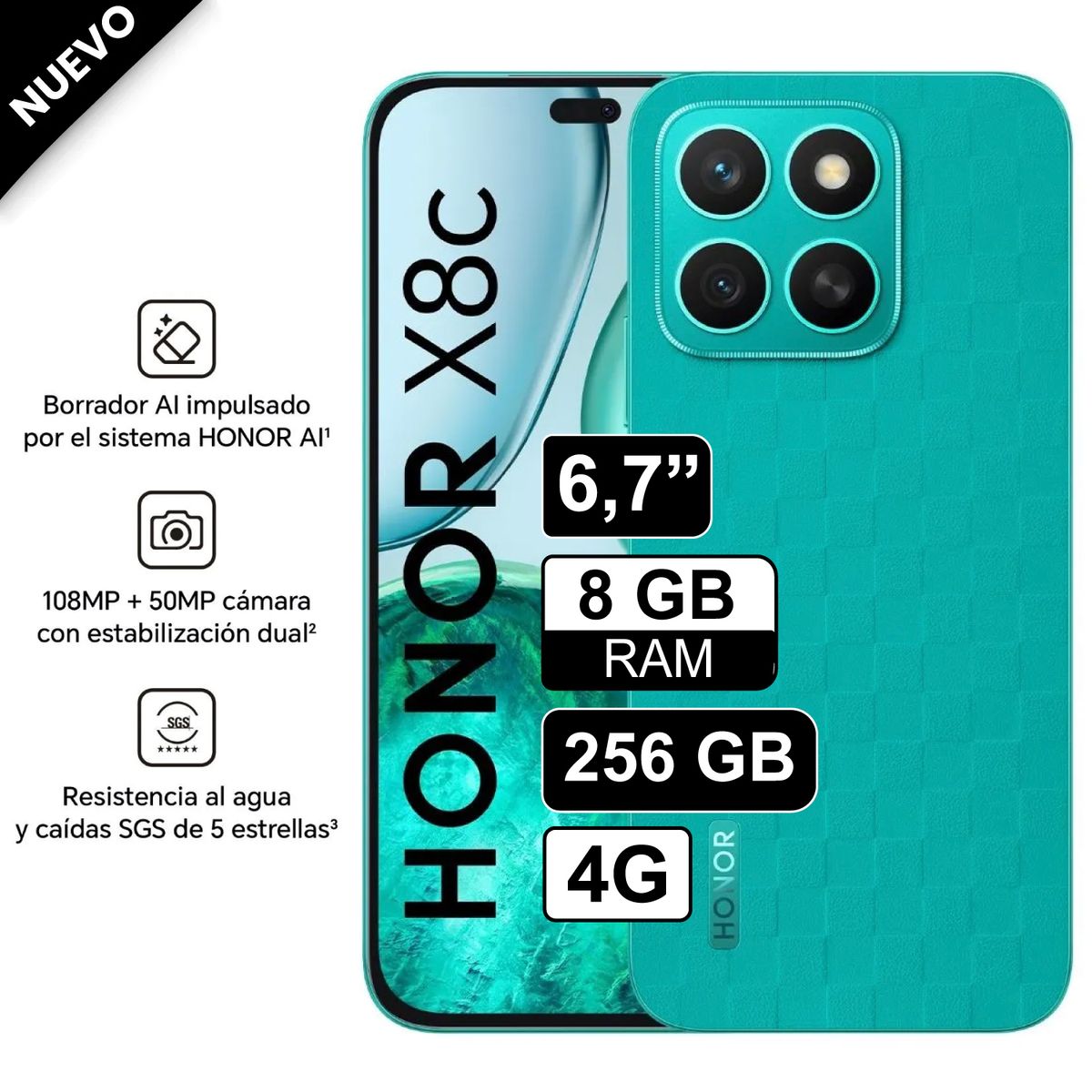HONOR - Celular Honor X8C 256GB 8GB RAM cámara principal 108MP + 5MP frontal 50MP 65 Pulg Verde