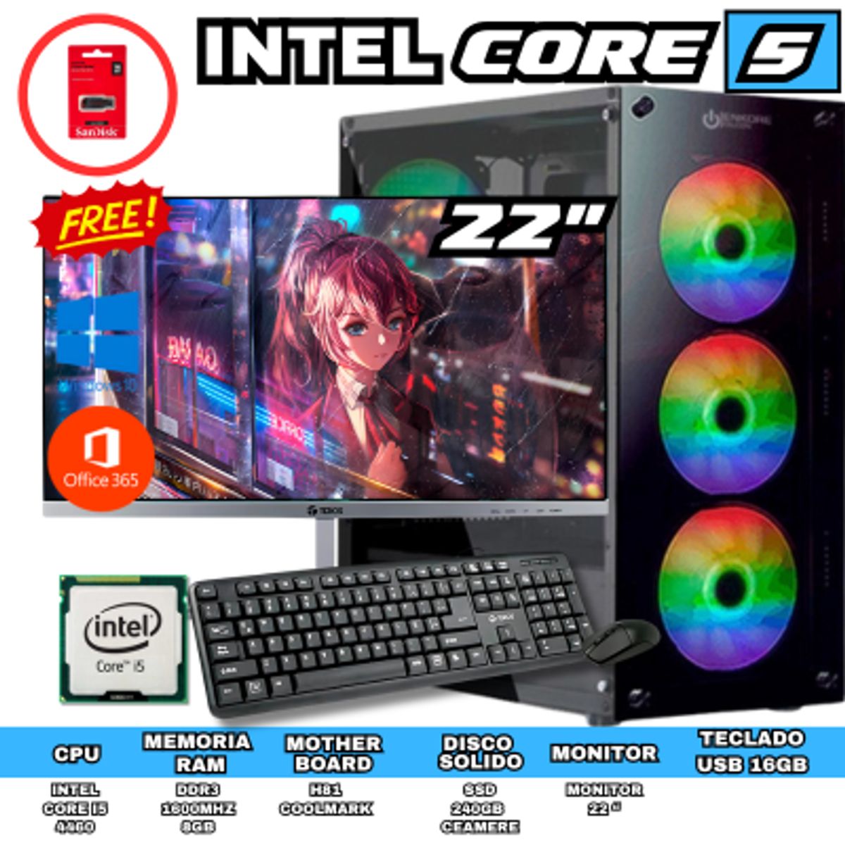 INTEL - PC DE OFICINA CORE I5 8GB RAM 256GB SSD CON MONITOR DE 22 PULGADAS