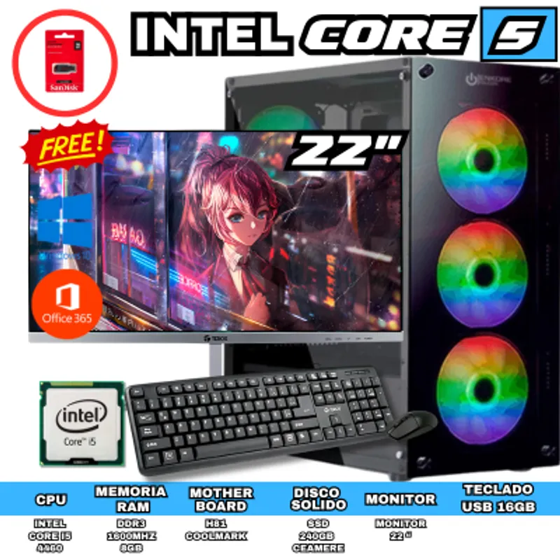 INTEL - PC DE OFICINA CORE I5 8GB RAM 256GB SSD CON MONITOR DE 22 PULGADAS