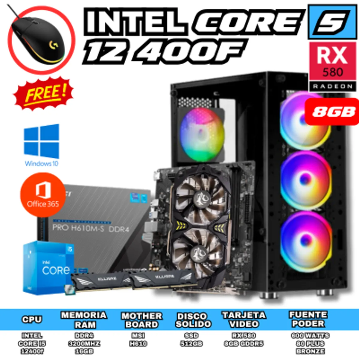 INTEL - PC GAMER CORE I5 12400F 16GB RAM 512GB SSD 8GB TARJETA DE VIDEO