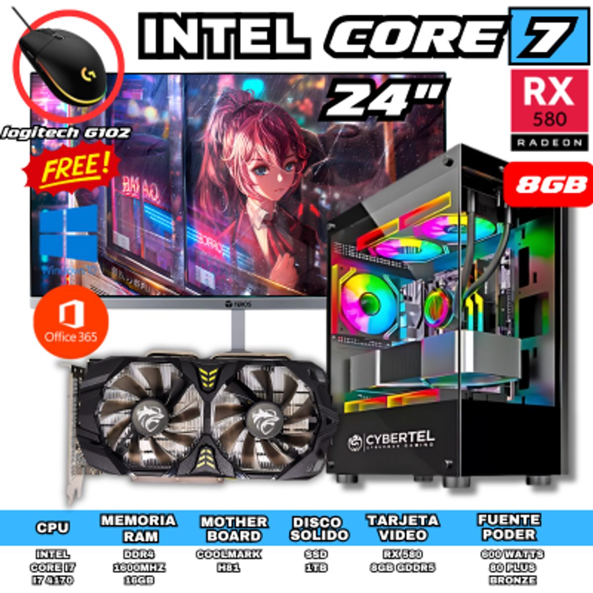 INTEL - PC GAMER CORE I7 16GB RAM 1TB SSD 8GB VIDEO CON MONITOR 24 PULGADAS