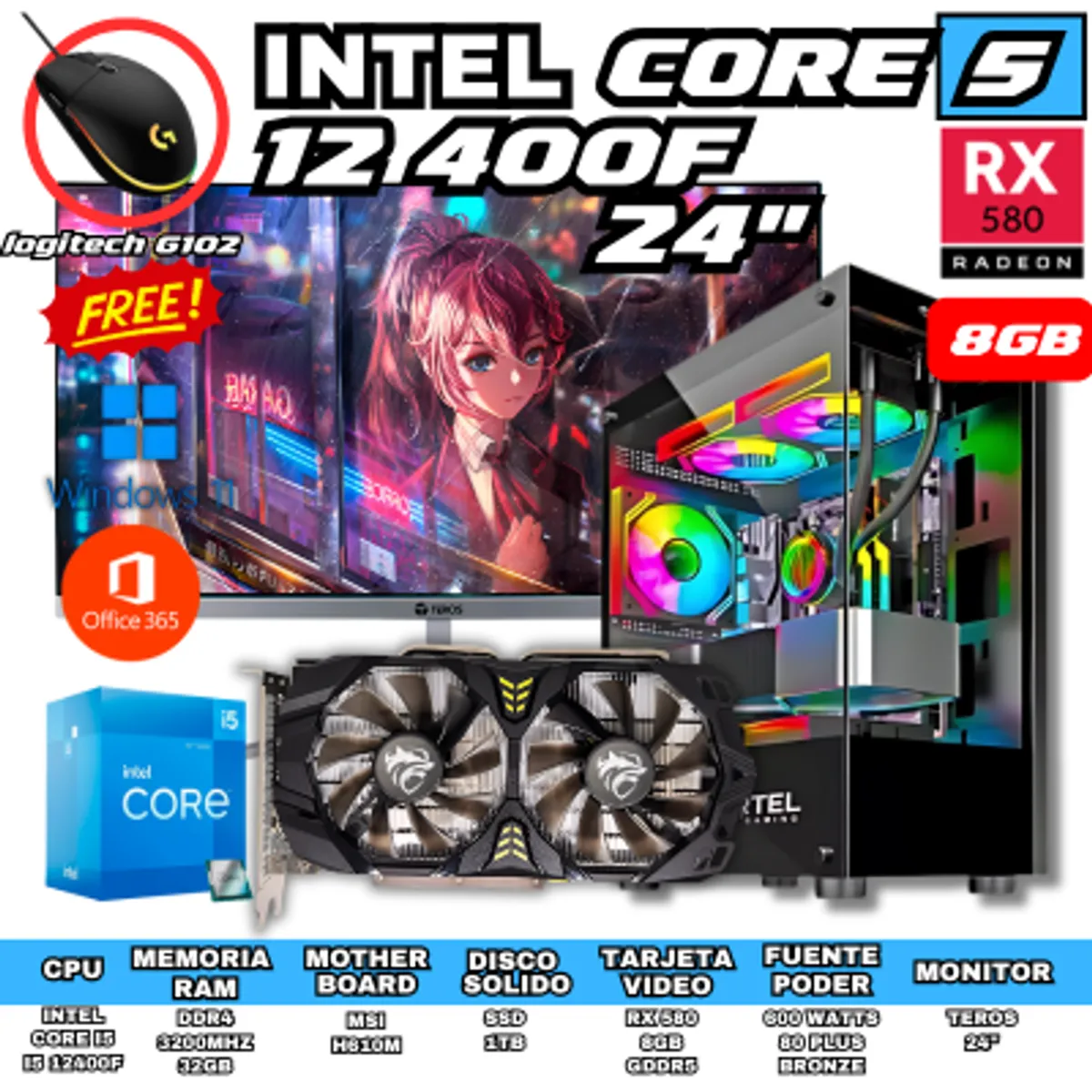 INTEL - PC GAMER CORE I5 12400F 32GB RAM 1TB SSD 8GB VIDEO MONITOR 24PULGADAS
