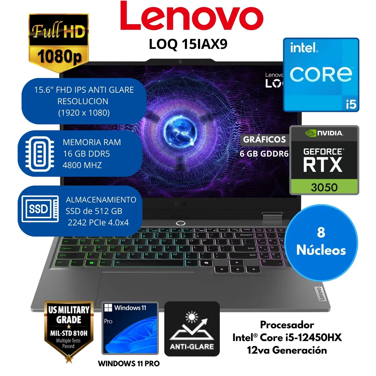 LENOVO - Laptop Lenovo Intel® Core i5 (LOQ 15IAX9) RAM 16 GB SSD 512 GB 15.6" FHD IPS Windows 11 PRO