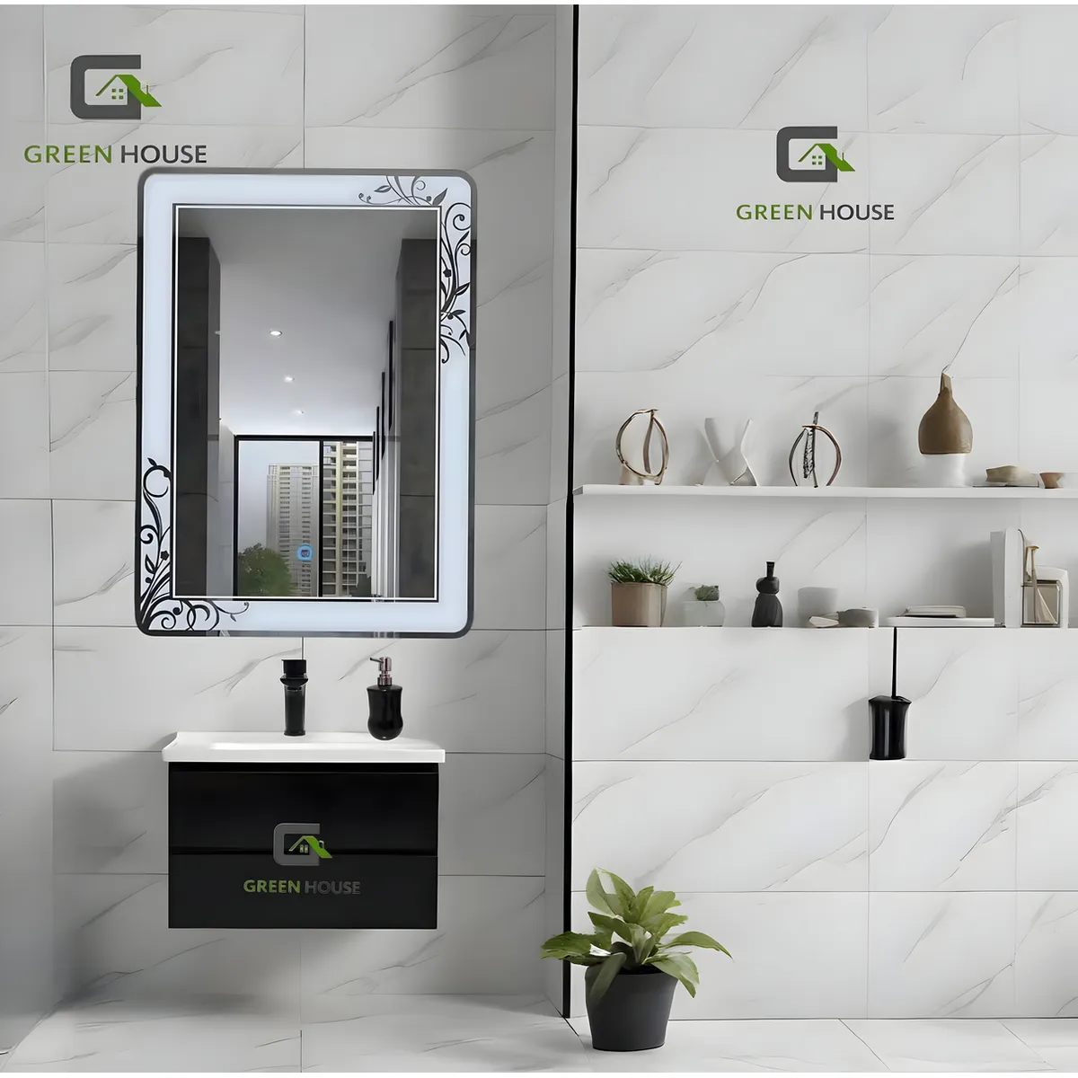 GREEN HOUSE - ELEGANTE COMBO VANITORIO NEGRO + ESPEJO LED + MEZCLADORA