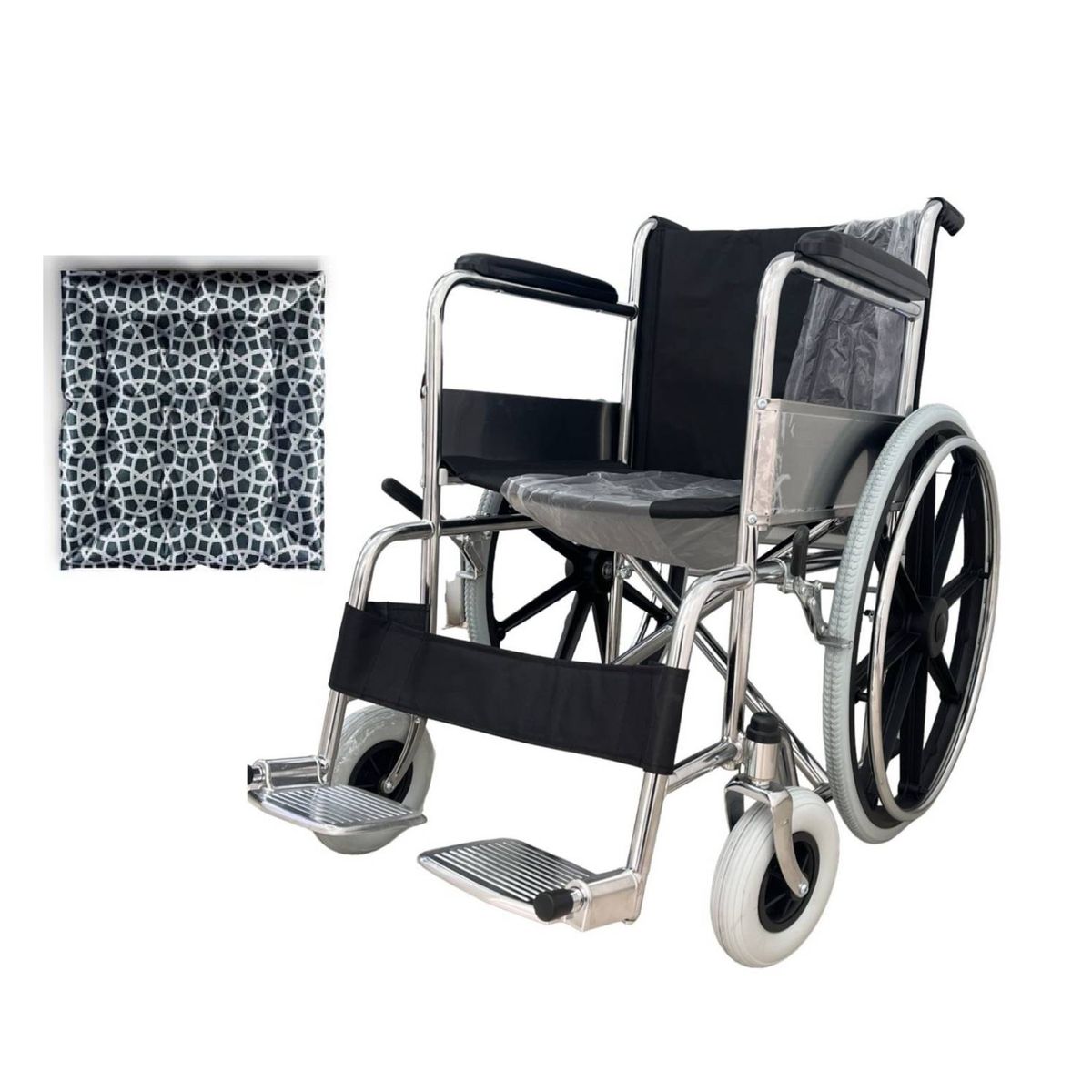 OEM - SILLA DE RUEDAS CROMADA  + COJIN GEL ANTIESCARAS
