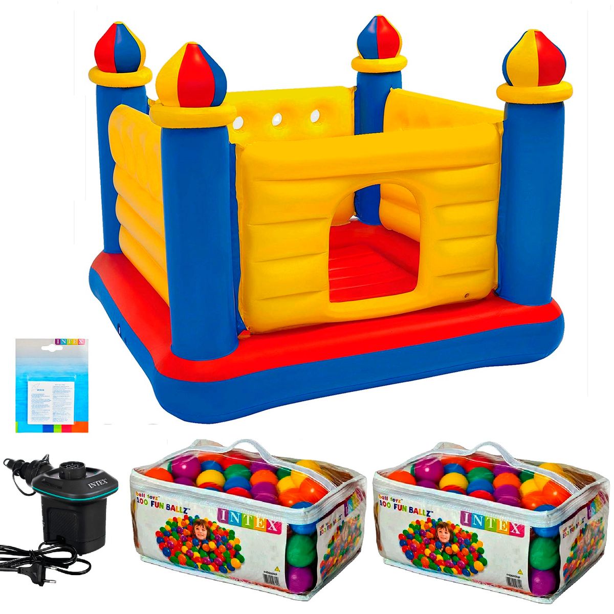 INTEX - Combo Castillo Saltarin 200Pelotas Inflador Eléctrico