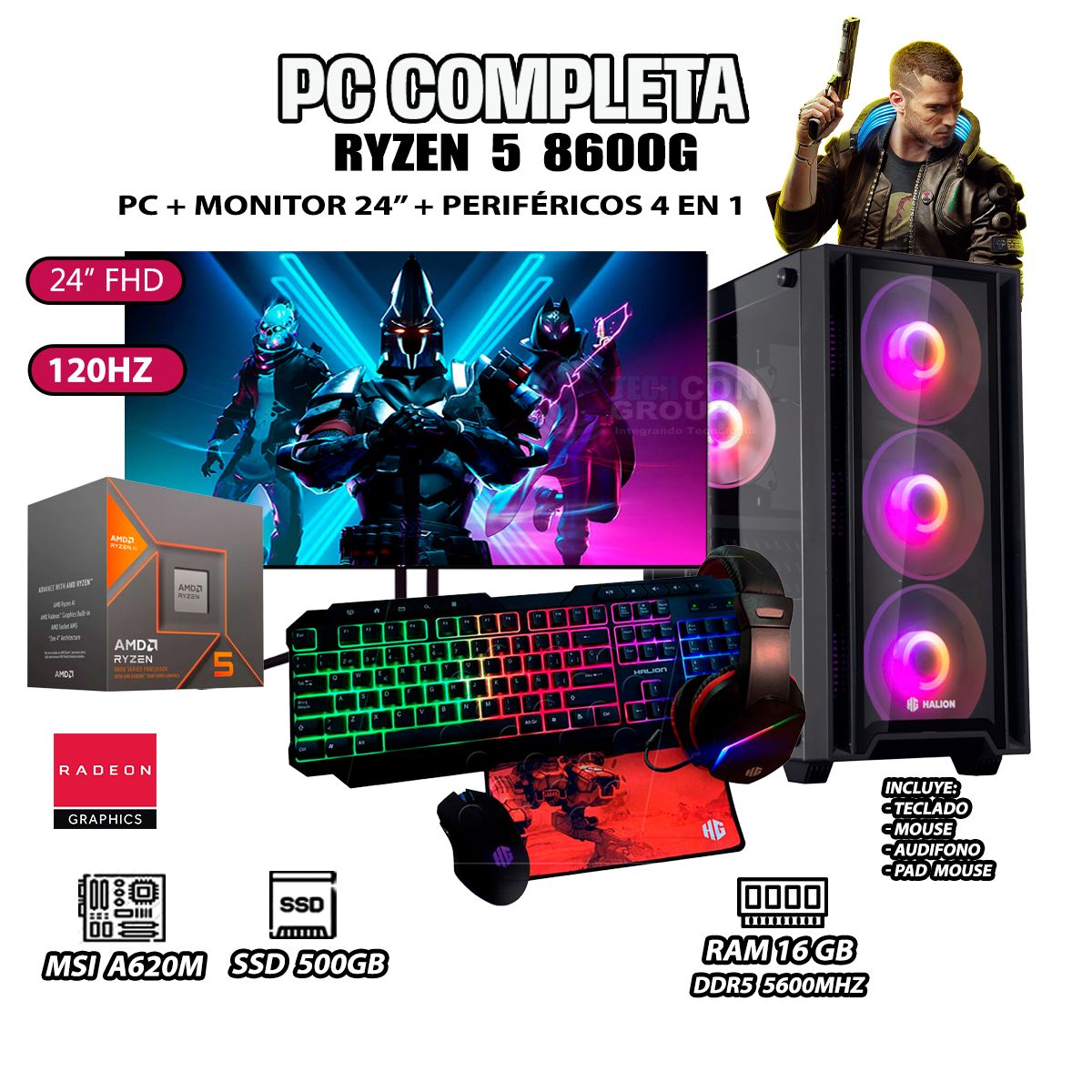 AMD - Computadora PC Completa Ryzen 5 8600G RAM 16GB SSD 500GB MONITOR 24" FULL HD