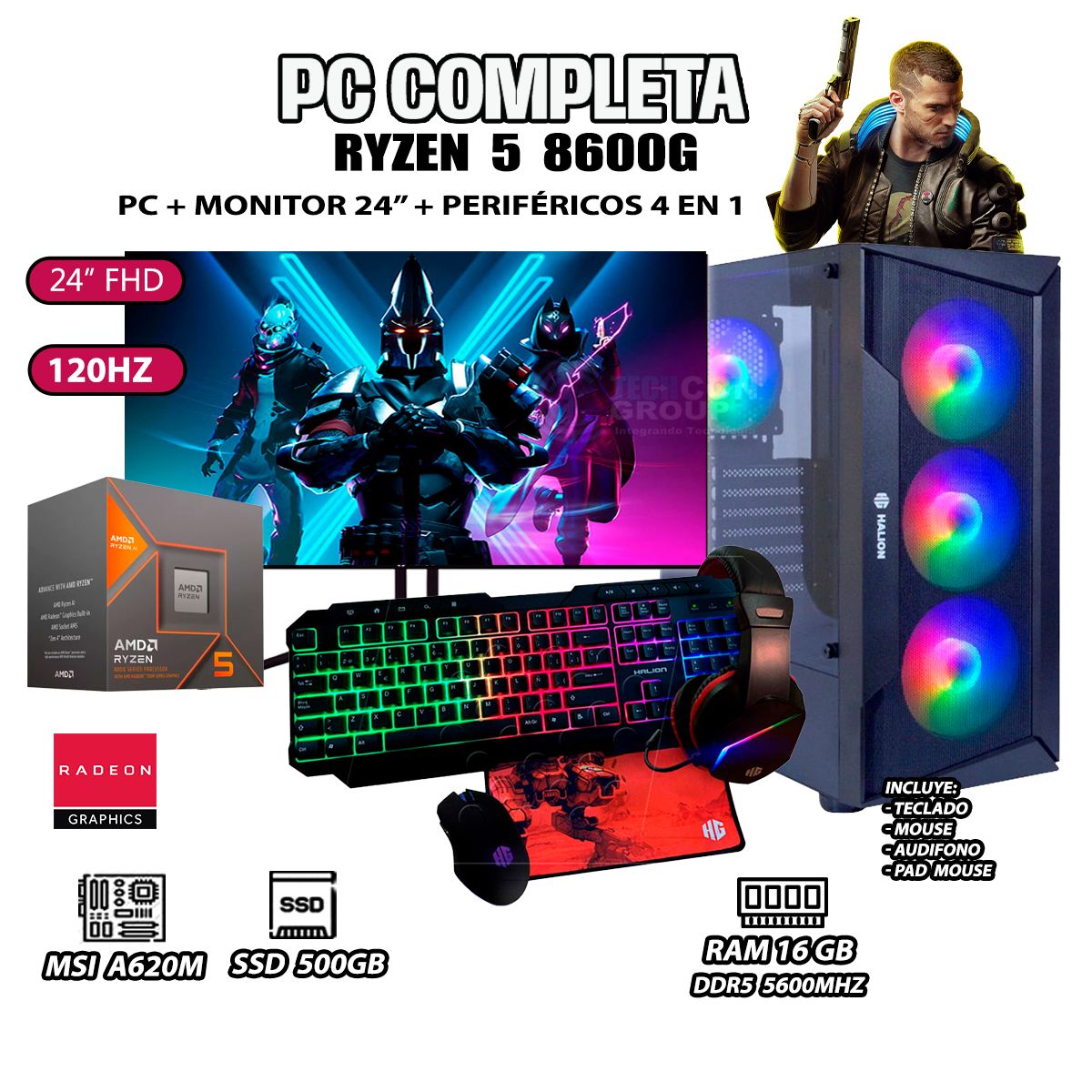 AMD - Computadora PC Completa Ryzen 5 8600G RAM 16GB SSD 500GB MONITOR 24" FULL HD