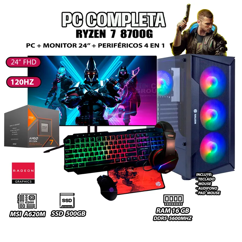 AMD - Computadora PC Completa Ryzen 7 8700G RAM 16GB SSD 500GB MONITOR 24" FULL HD