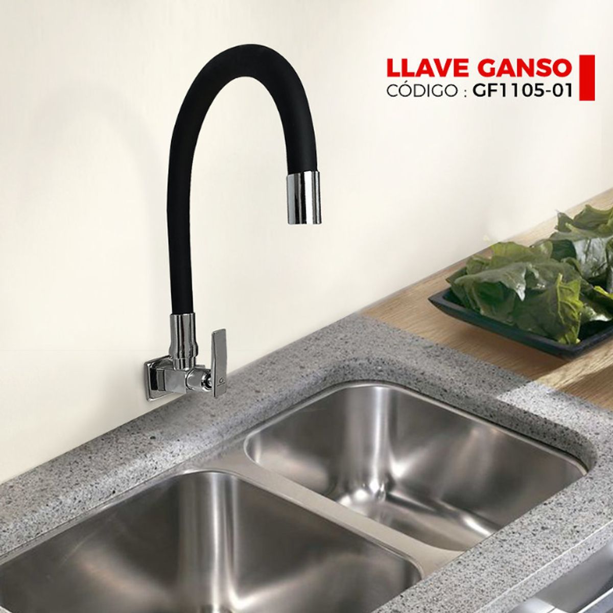 GENERICO - LLAVE DE COCINA A LA PARED PICO FLEXIBLE NEGRO GF1105-01