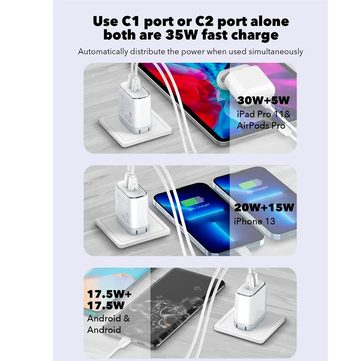LDNIO - Cargador Rápido LDNIO 35W con 2 Puertos USB-C + Cable Tipo-C A2528C
