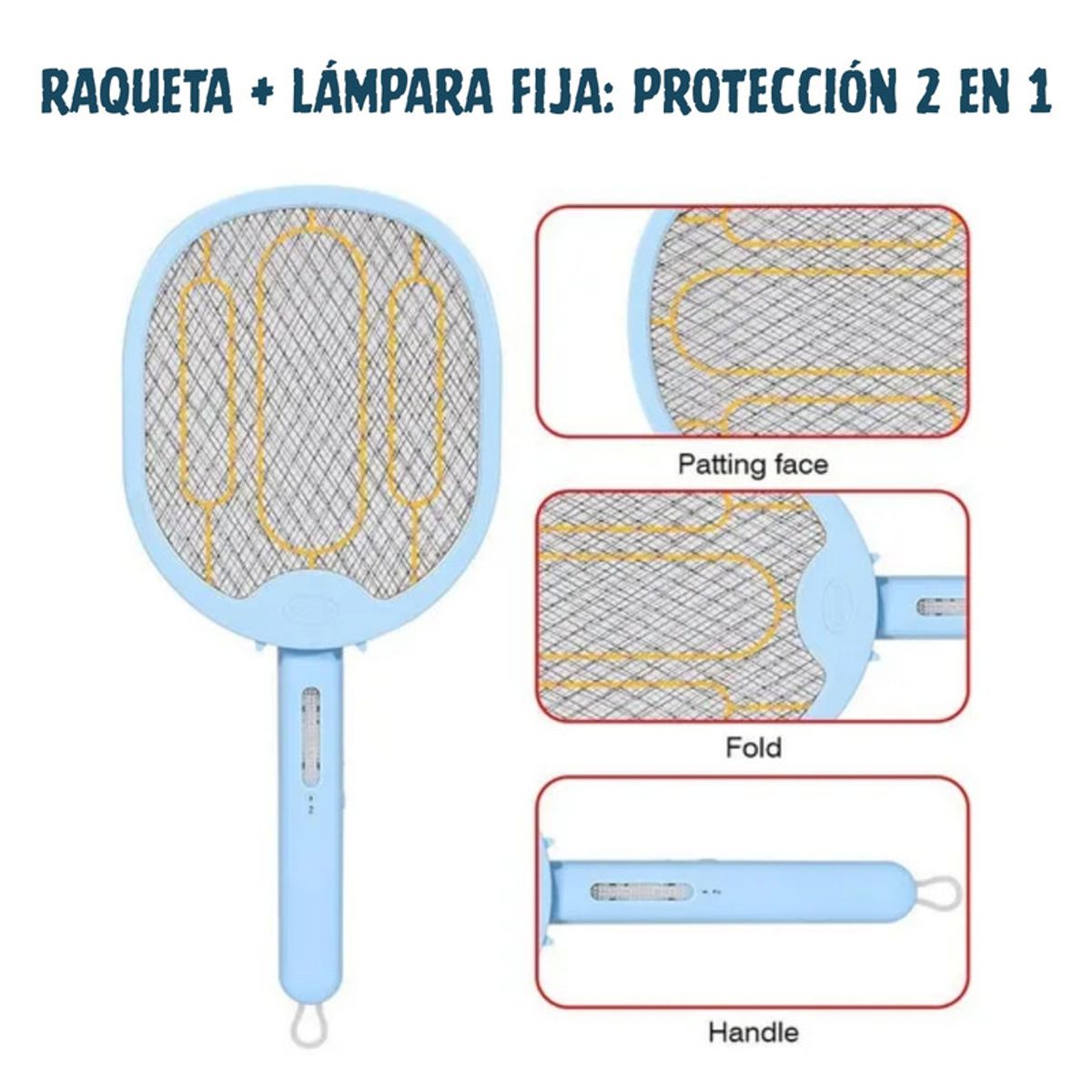 PENTHA - Raqueta Plegable 180° Mata Mosca Mosquito Recargable Con Usb Celeste