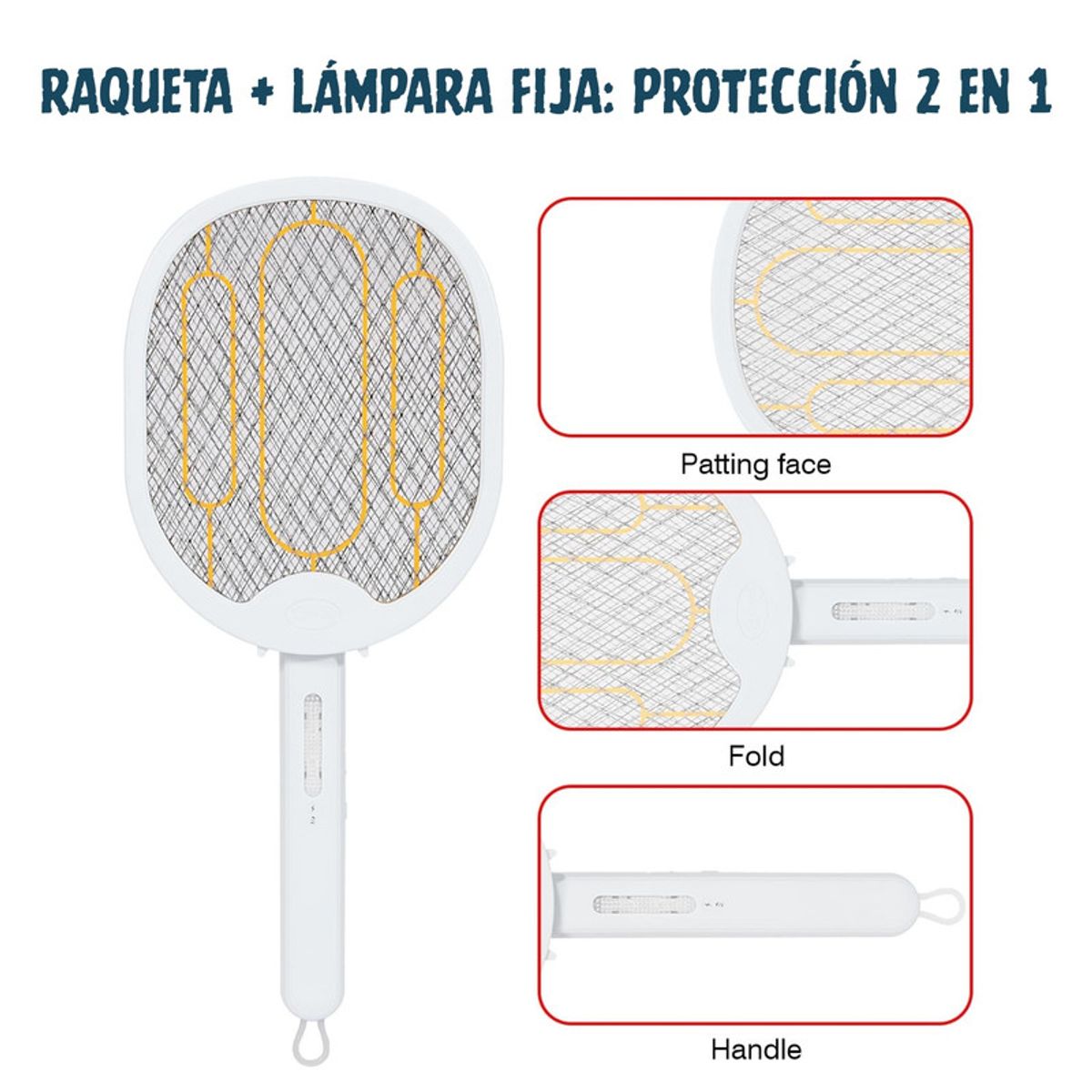 PENTHA - Raqueta Plegable 180° Mata Mosca Mosquito Recargable Con Usb Blanco