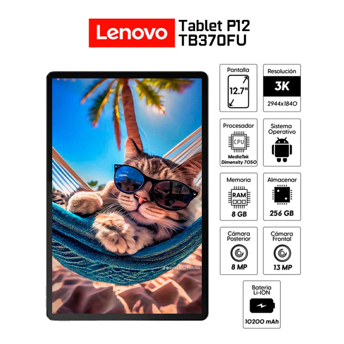 LENOVO - Tablet Lenovo Tab P12 TB370FU 8gb+256gb+Teclado,Lápiz Wi-fi–Pantalla 12.7 3K Octa-Core CSI