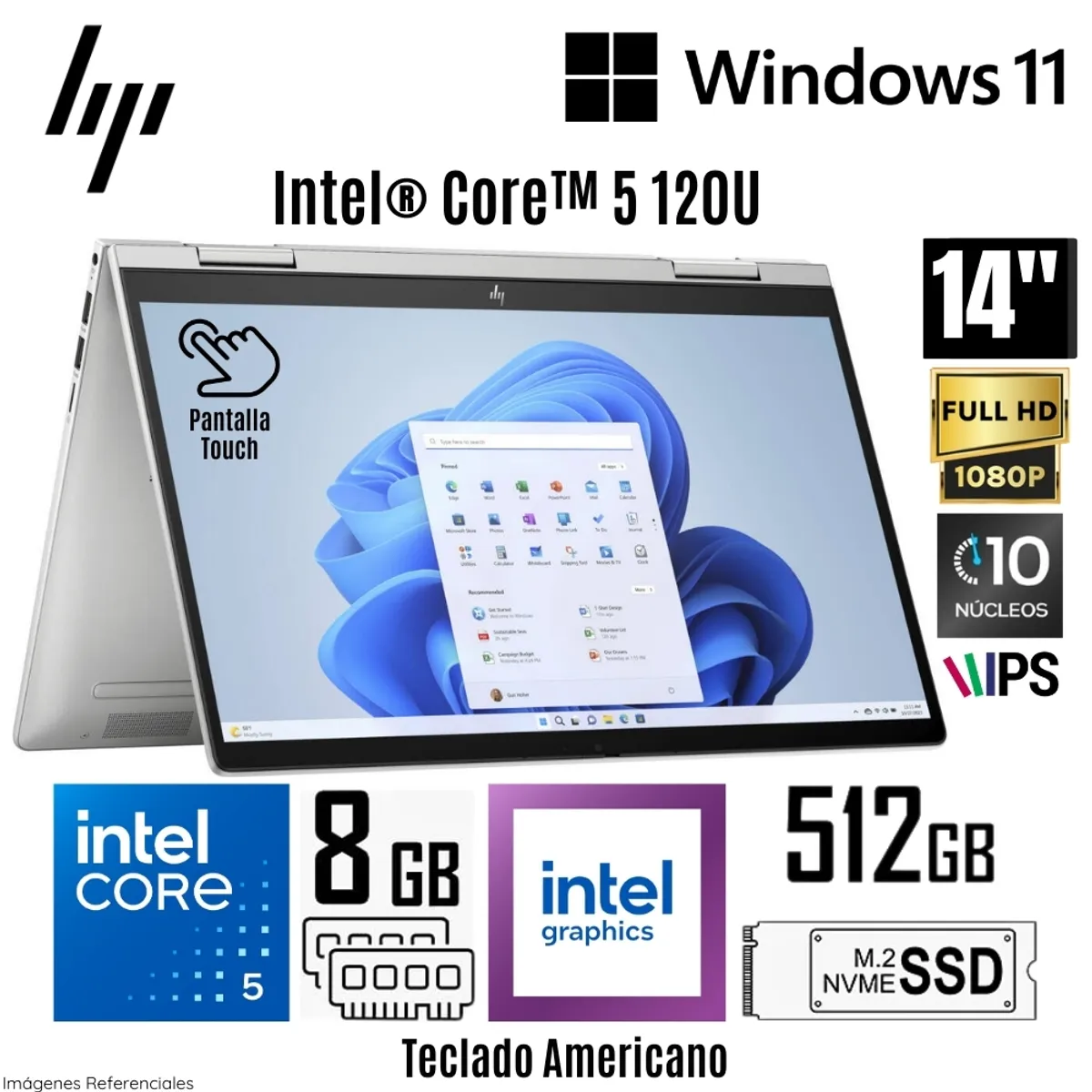 HP - Laptop HP Envy X360 14-ES1013DX Intel Core 5 120U 8GB RAM 512GB SSD 14"  FHD IPS Táctil Windows 11