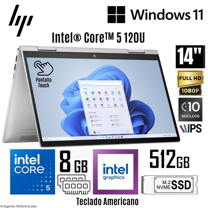 HP - Laptop HP Envy X360 14-ES1013DX Intel Core 5 120U 8GB RAM 512GB SSD 14"  FHD IPS Táctil Windows 11