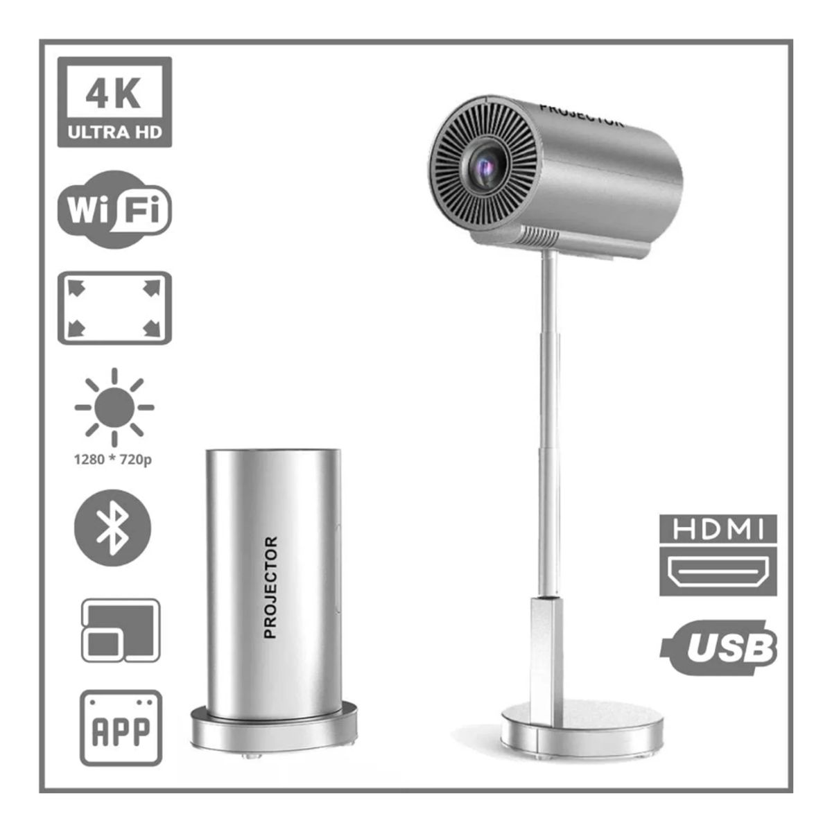 SEISA - Proyector Portatil Led 6000 Lumenes Ultra Hd 4k Plateado