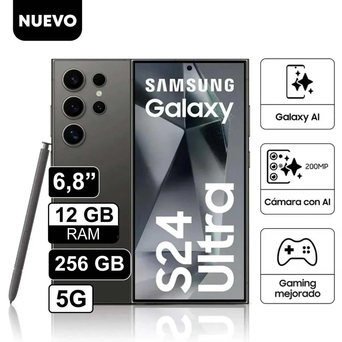 SAMSUNG - Celular Samsung Galaxy S24 Ultra 256GB 12GB RAM cámara  200MP + 50MP frontal 12MP 6.8" BLACK