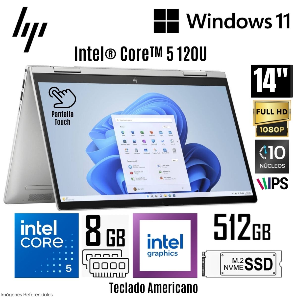 HP - Laptop HP Envy X360 14-ES1013DX Intel Core 5 120U 8GB RAM 512GB SSD 14"  FHD IPS Táctil Windows 11