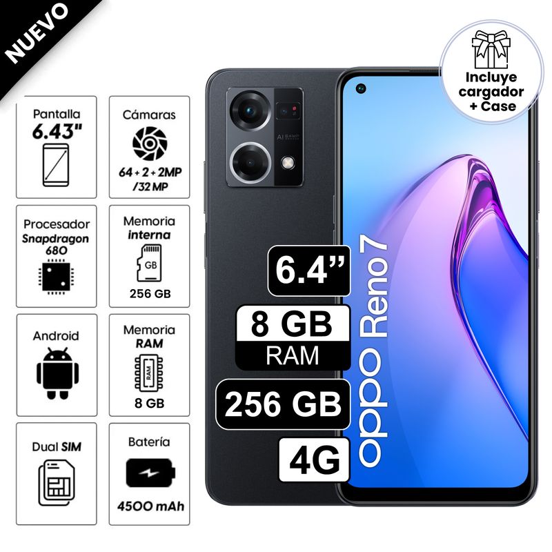 OPPO - Celular Oppo Reno 7 256GB, 8GB ram, cámara principal 64 + 2 + 2MP, frontal 32MP, 6.43", negro