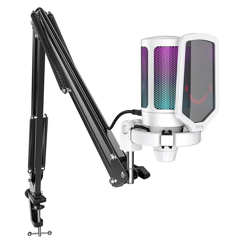 FIFINE - Micrófono A6T Fifine Ampligame RGB Condensador + Brazo - BLANCO