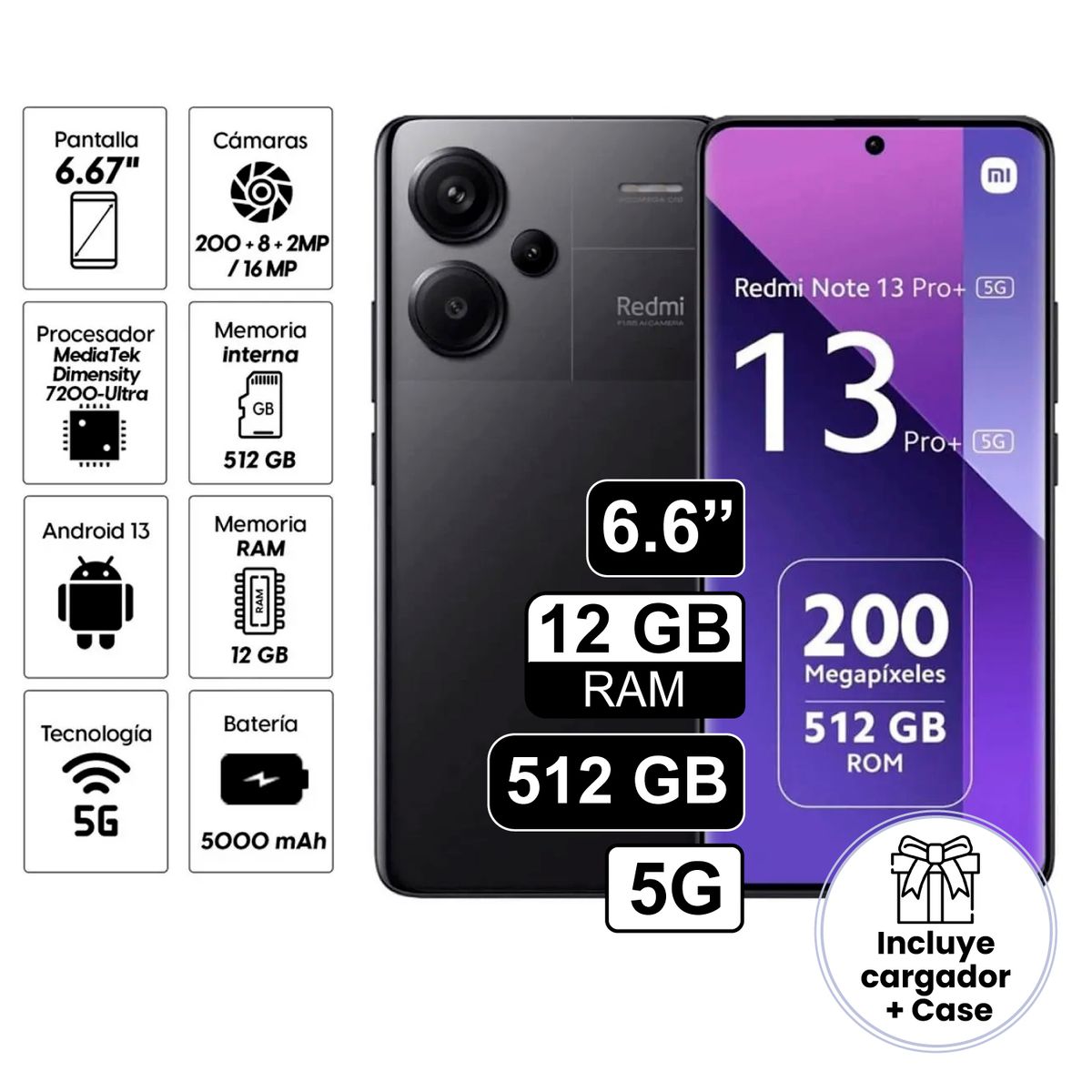 GENERICO - Celular Xiaomi Redmi Note 13 Pro Plus 5G 6.6" Pulg 12GB RAM 512GB 200MP negro